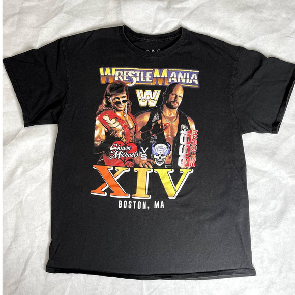 WWE Wrestlemania XIV 14 T-Shirt Shawn Michaels Stone Cold Steve Austin Large WWF - Picture 1 of 7